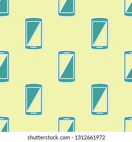 Green Smartphone, mobile phone icon isolated seamless pattern on yellow background. Flat design. Vector Illustration