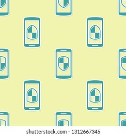 Green Smartphone, mobile phone with security shield icon isolated seamless pattern on yellow background. Flat design. Vector Illustration