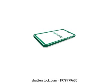 Green smartphone, perspective style, reads welcome, icon, desaign flat