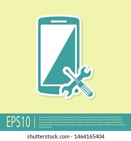 Green Smartphone with screwdriver and wrench icon isolated on yellow background. Adjusting, service, setting, maintenance, repair, fixing.  Vector Illustration