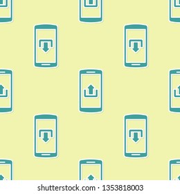 Green Smartphone with upload icon isolated seamless pattern on yellow background. Flat design. Vector Illustration