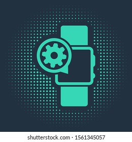 Green Smartwatch and gear icon isolated on blue background. Adjusting app, service concept, setting options, maintenance, repair, fixing. Abstract circle random dots. Vector Illustration