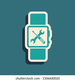 Green Smartwatch with screwdriver and wrench icon isolated on blue background. Adjusting, service, setting, maintenance, repair, fixing. Long shadow style. Vector Illustration