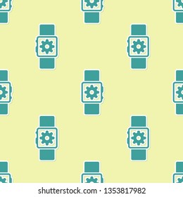 Green Smartwatch setting icon isolated seamless pattern on yellow background. Smart watch settings. Flat design. Vector Illustration