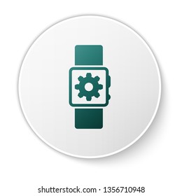 Green Smartwatch setting icon isolated on white background. Smart watch settings. Green circle button. Vector Illustration