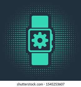 Green Smartwatch setting icon isolated on blue background. Smart watch settings. Abstract circle random dots. Vector Illustration