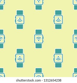 Green Smartwatch with wireless symbol icon isolated seamless pattern on yellow background. Vector Illustration