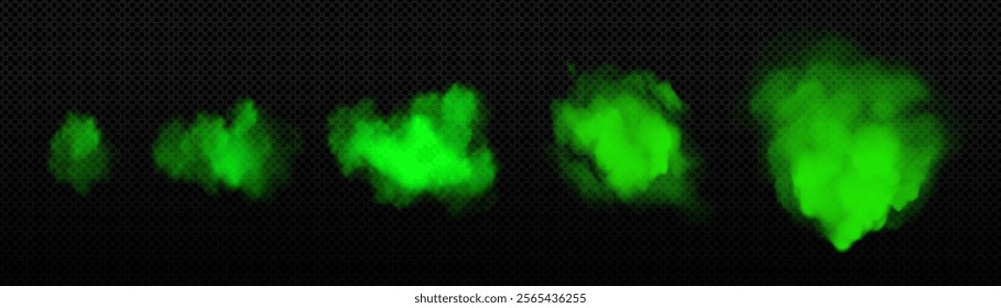 Green smell mist progression stages - toxic gaseous clouds expanding in size from small puff to dense foggy formation. Transparent vapor swirls atmospheric effect for environmental hazard or magic.