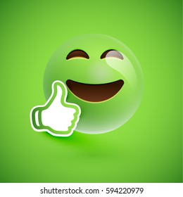 Green smiley emoticon with thumbs up, vector illustration