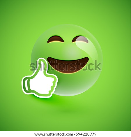 Green smiley emoticon with thumbs up, vector illustration