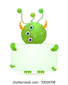 green smiley monster with empty placard. vector illustration isolated on white background