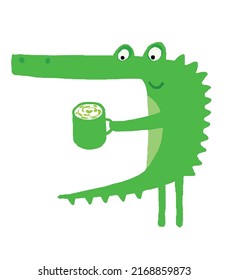 Green smiling cartoon crocodile holding cup of cappuccino on white background - vector version
