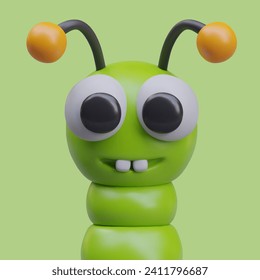 Green smiling caterpillar closeup. 3D insect with antennas on colored background. Encouraging character with two teeth. Sweet, positive larva vertical portrait