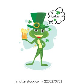 Green smiling childish frog. Cartoon style sprcial fro st patrick day . Vector illustration