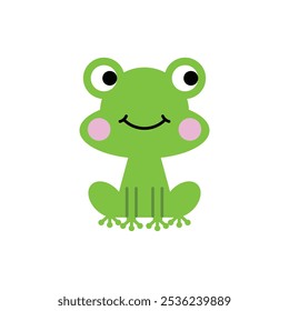 A green smiling childish frog is sitting. Cartoon style. Vector illustration.