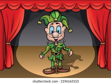 Green Smiling Clown with Golden Jingle Bells - Colored Cartoon Illustration with Background, Vector