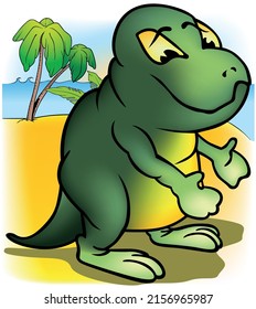 Green Smiling Dinosaur with a Yellow Belly - Cartoon Illustration with Background, Vector