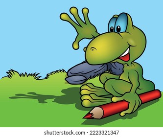 Rana sonriente verde con mano alzada sosteniendo el rojo-caricatura - Ilustración de color de perfil con fondo, vector