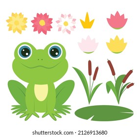 Green smiling frog sits. Cartoon style. Vector illustration