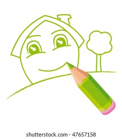 Green smiling house hand-drawn. Vector illustration.