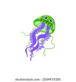 Green smiling jellyfish with eyes and long purple tentacles. Kawaii style. Pelagia. Ocean animal. Sea life concept. Vector illustration isolated on white background.