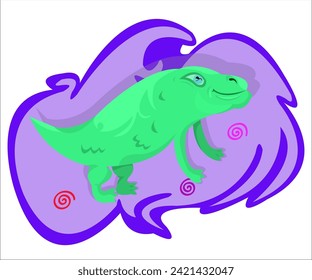 A green smiling lizard; vintage violet background. This cartoon illustration can be used as a logotype for safari, zoo, travel, tourist, creative groups, as a print for t-shirts. Vector, isolated.