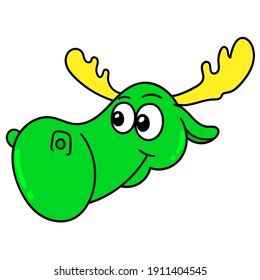 green smiling old deer head emoticon, kawaii doodle drawing. vector illustration art
