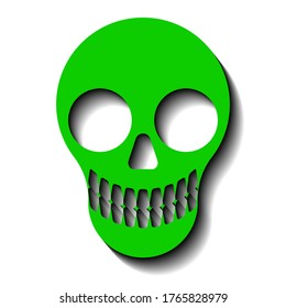 Green smiling skull and black shadow on a white background, sign for design, vector illustration
