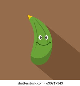 Green smiling zucchini vegetable icon. Flat illustration of green smiling zucchini vegetable vector icon for web on coffee background