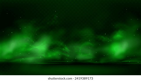 Green smog with flying particles on ground. Vector realistic illustration of fog clouds with bright flares and sparkles on floor. Chemical toxic vapour, smoke or poison gas in air on dark background.