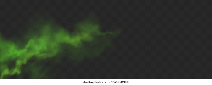 Green smog or fog cloud. Stink bad smell, smoke or stench gases. Vector realistic stream of chemical toxic vapour from left side isolated on transparent background