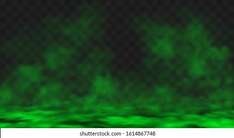 Green smog or fog clouds spreads on ground. Stink bad smell, smoke or poison gases. Vector realistic chemical toxic vapour soaring in air isolated on transparent background