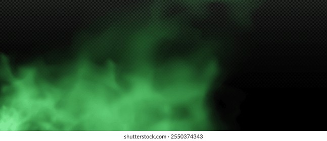 Green smoke, bad smell smog, flavor fume rises up. Vector realistic cloud of stench poison gases, chemical toxic haze. Stink fog or mist on transparent background. Steaming vapor