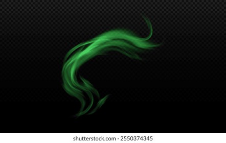 Green smoke, bad smell smog, steam waves. Stink cloud of stench poison gas. Vector realistic chemical toxic vapor flow. Whiff or curve steaming vapor isolated on transparent background