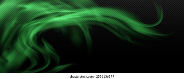 Green smoke, bad smell smog, flavor fume rises up or goes sideways. Vector realistic clouds of stench poison gases, chemical toxic haze. Stink fog or mist on transparent background. Steaming vapor