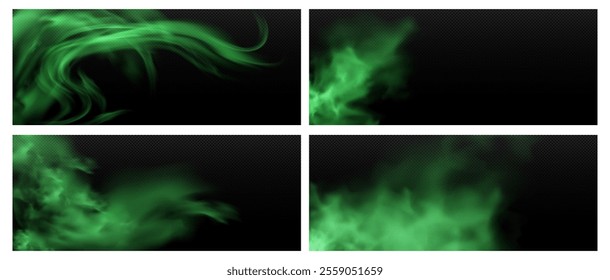 Green smoke, bad smell smog, flavor fume rises up or goes sideways. Vector set of realistic clouds of stench poison gases, chemical toxic haze. Stink fog or mist on black background. Steaming vapor