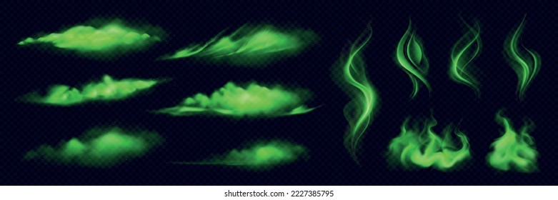 Green smoke clouds of different shapes realistic set isolated on black transparent background vector illustration
