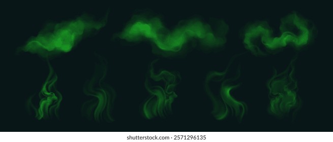 Green smoke clouds set isolated on black background. Vector realistic illustration of bad smell effect, stinky mist, toxic fog, poisonous chemical steam, fume wave floating in air, stench vapor