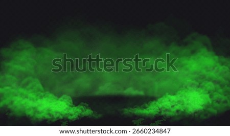 Green Smoke effect on transparent dark background. Fog cloud above the floor surface with an empty spot