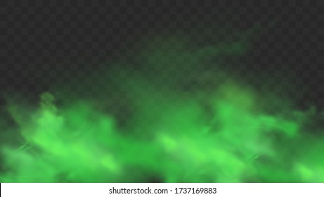 Green smoke isolated on transparent background. Realistic green bad smell, magic mist cloud, chemical toxic gas, steam waves. Realistic vector illustration