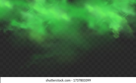 Green smoke isolated on transparent background. Realistic green bad smell, magic mist cloud, chemical toxic gas, steam waves. Realistic vector illustration