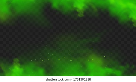 Green smoke isolated on transparent background. Realistic green bad smell, magic mist cloud, chemical toxic gas, steam waves. Realistic vector illustration