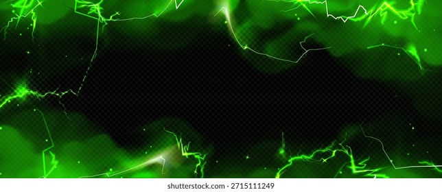 Fondo verde del humo y del relámpago con efecto del trueno en negro. Marco de luz mágica con niebla tóxica, pernos de energía y brillo mágico. Superposición transparente con Elementos misteriosos espeluznantes y borde de neón.