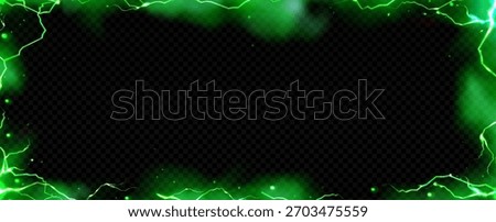 Green smoke and lightning background with thunder effect on black. Magic light frame with toxic fog, energy bolts and wizard glow. Transparent overlay with creepy mysterious elements and neon border.