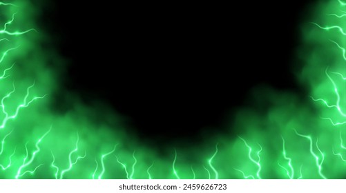Green smoke with lightnings abstract background, thunderbolts and vapor, lightning in green fog. Neon haze with energy charges. Vector illustration.