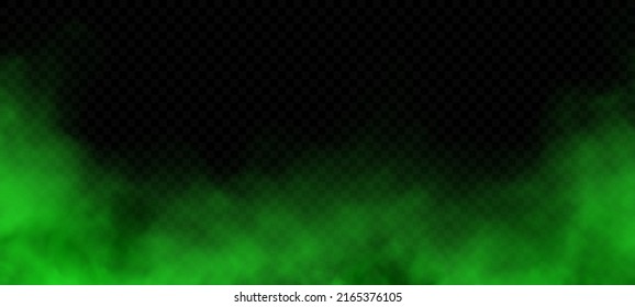 Green smoke or mist isolated on transparent background. Realistic green bad smell. Magic mist cloud. Chemical toxic gas. Realistic vector illustration
