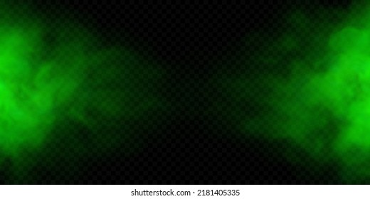 Green smoke or mist isolated on transparent background. Realistic green bad smell. Magic mist cloud. Chemical toxic gas. Realistic vector illustration