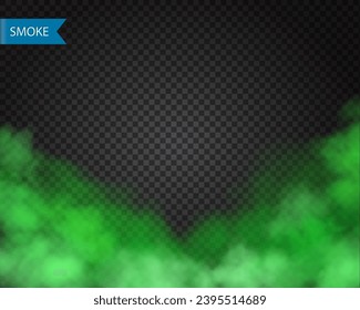 Green smoke or mist on transparent background. Realistic green clouds, chemical toxic gas. Green mist frame. Realistic vector illustration