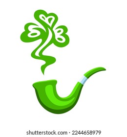 Green smoke pipe with shamrock shaped smoke in a flat, cartoon style. Leprechaun pipe, Irish holiday attribute and St. Patrick's Day symbol. Vector illustration
