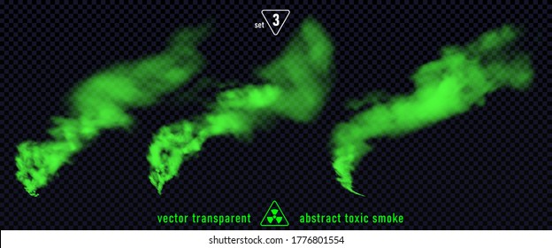 Green smoke set 3 isolated on transparent background. Magic mist cloud, chemical toxic gas, steam waves, realistic set of green bad smell. Realistic illustration. Vector EPS10